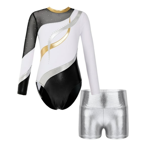 TTAO Kids Girls Long Sleeve Gymnastic Leotard Unitard Ballet Dance Bodysuit with Shorts Set Stage Performance White&Silver 6