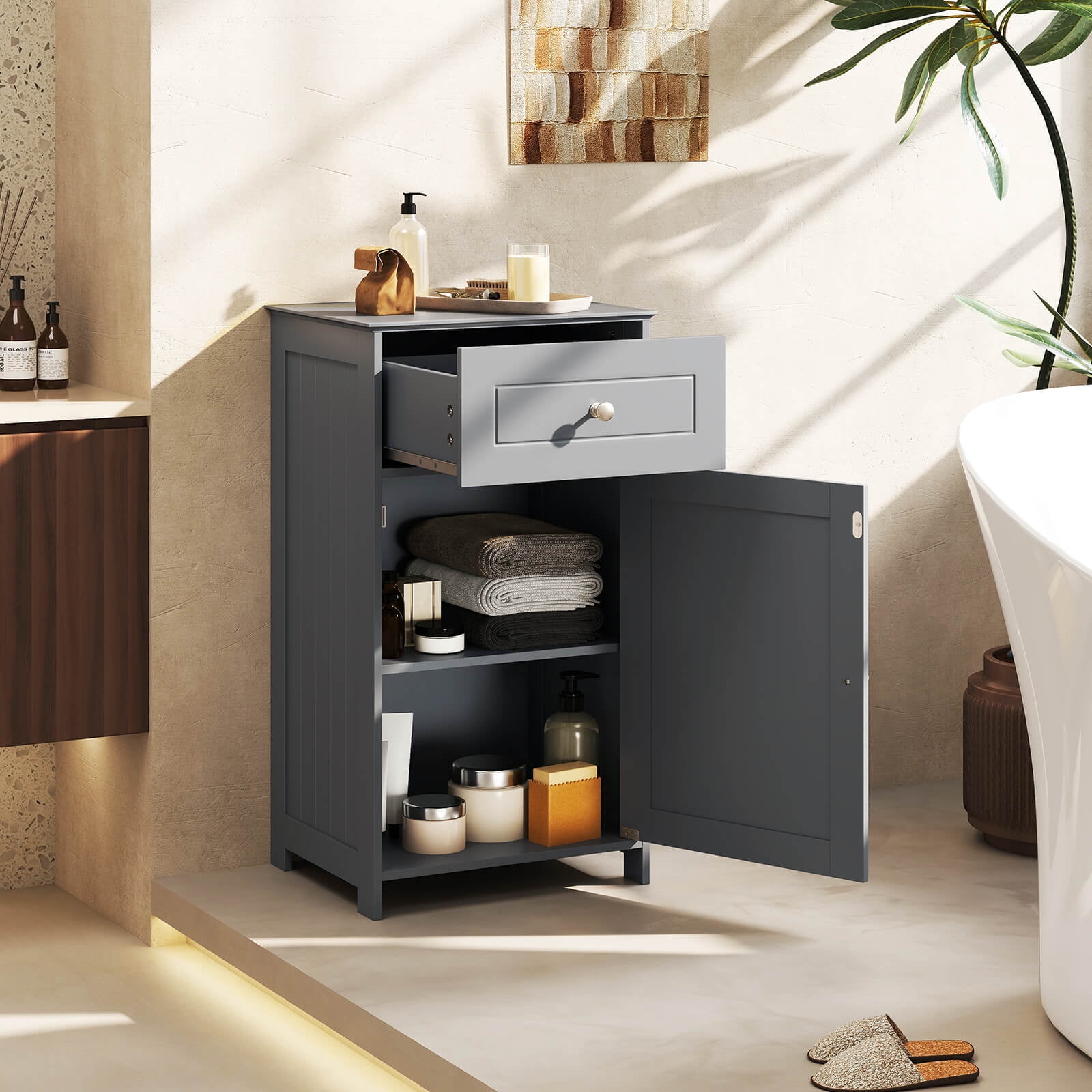 Costway White Floor Storage Cabinet Bathroom Organizer Cupboard Drawer Shelf Bath Towel Gray