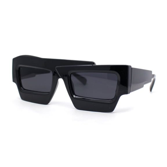 Funky 80s Asymmetrical Rectangle Thick Plastic Horn Rim Arm Sunglasses All Black