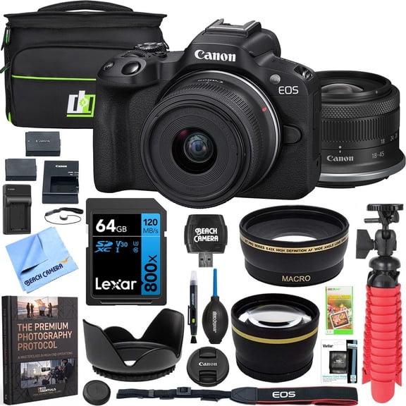 Canon EOS R50 Mirrorless Camera (Black) with RF-S 18-45mm F4.5-6.3 IS STM Lens 5811C012 Bundle with Double Battery, Memory Card, Deluxe Case and Mini Tripod & Accessories