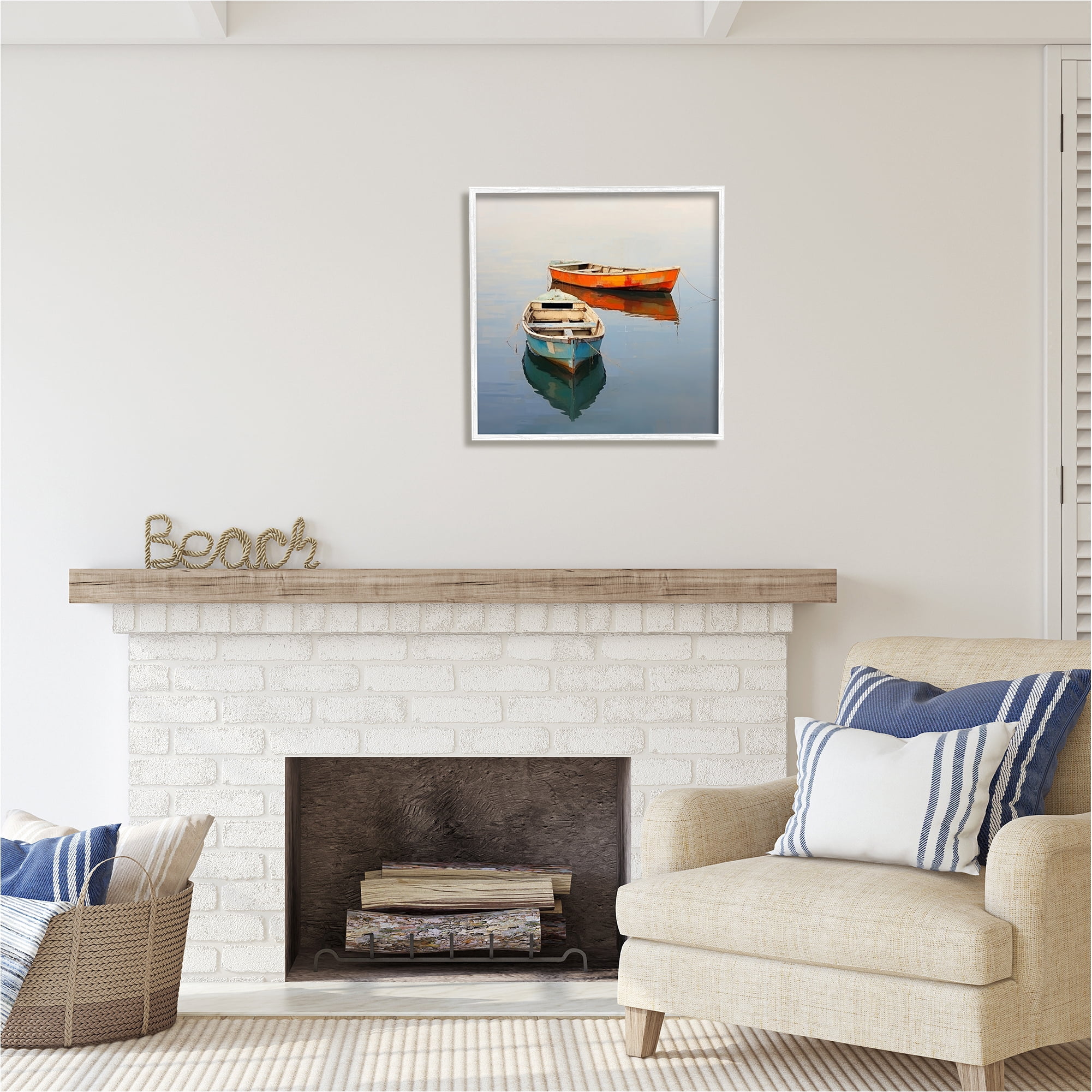 Stupell Industries Orange & Blue Boats Transportation Painting White Framed Art Print Wall Art, 24 x 24