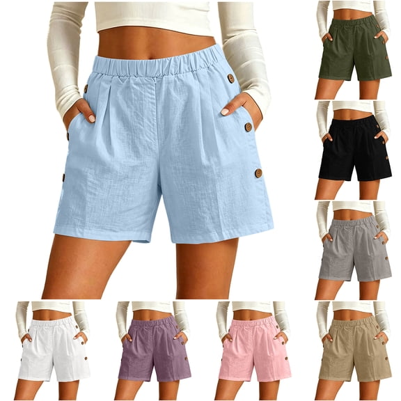 Bloomae Bermuda Shorts for Women High Waisted Linen Dressy Casual Shorts Elastic High Waist Pleated Wide Leg Summer Button Decor Short Pants with Pockets