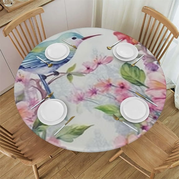 HAOXIT Spring Hummingbird Flower Leaves Elastic Edged Tablecloth for Round Table, Non Slip Round Table Cover Outdoor Waterproof Tablecloth Polyester Table Cloth, Easy Clean 31-35