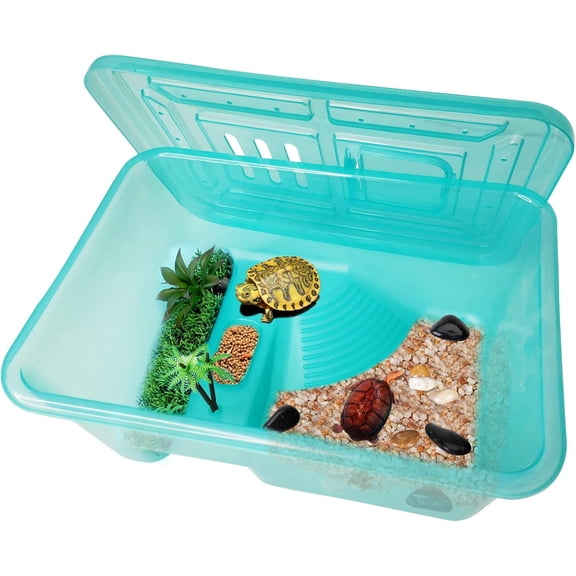 Turtle Tank with Lid, Plastic Reptile Terrarium Turtle Breeding Box with Basking Platform Tortoise Aquarium for Crayfish Hermit Crabs Geckos Lizards Habitat Prevent Escaping (Medium)