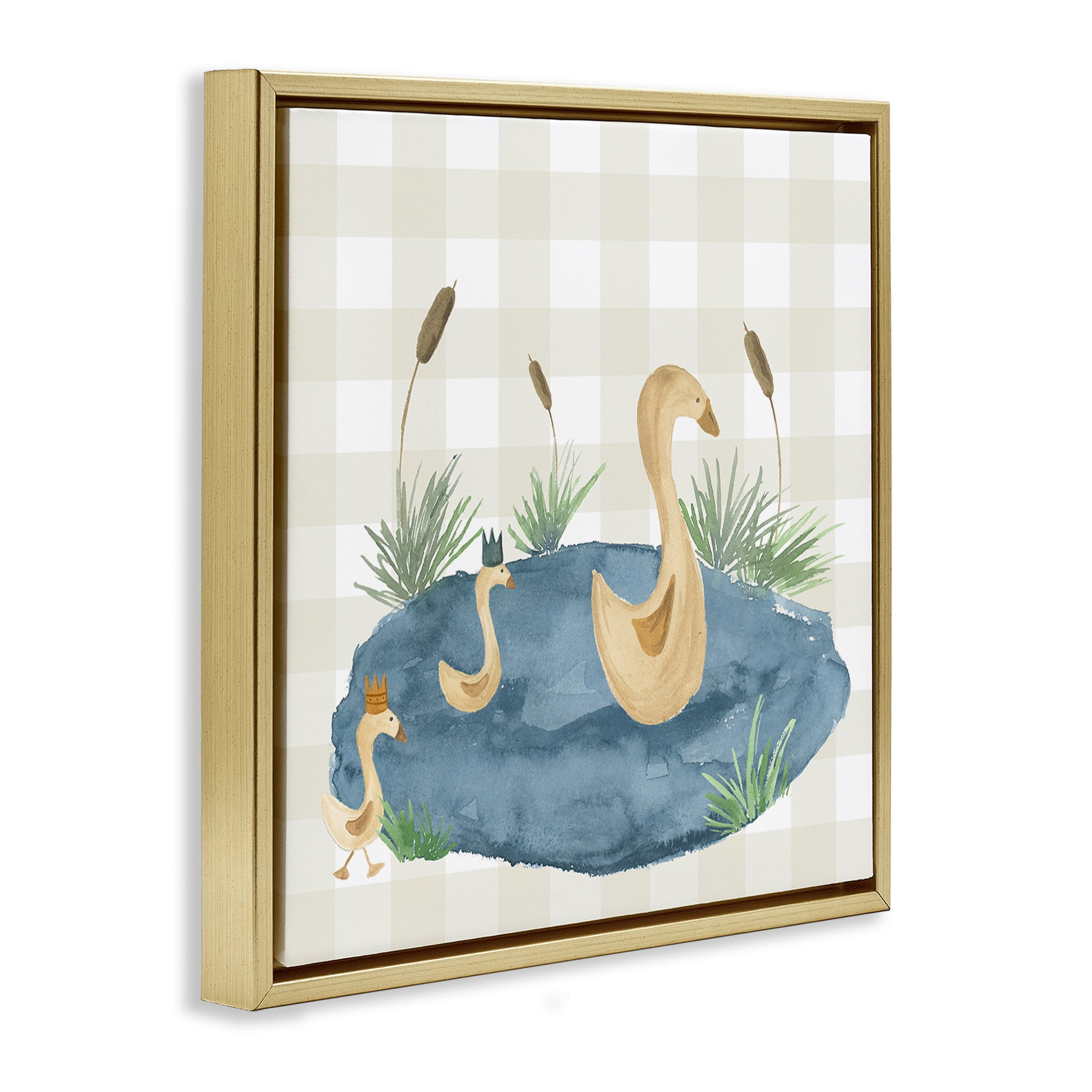 Stupell Industries Duck Family in Pond Animals Painting Gold Floater Framed Canvas Art Print Wall Art, 18 x 18