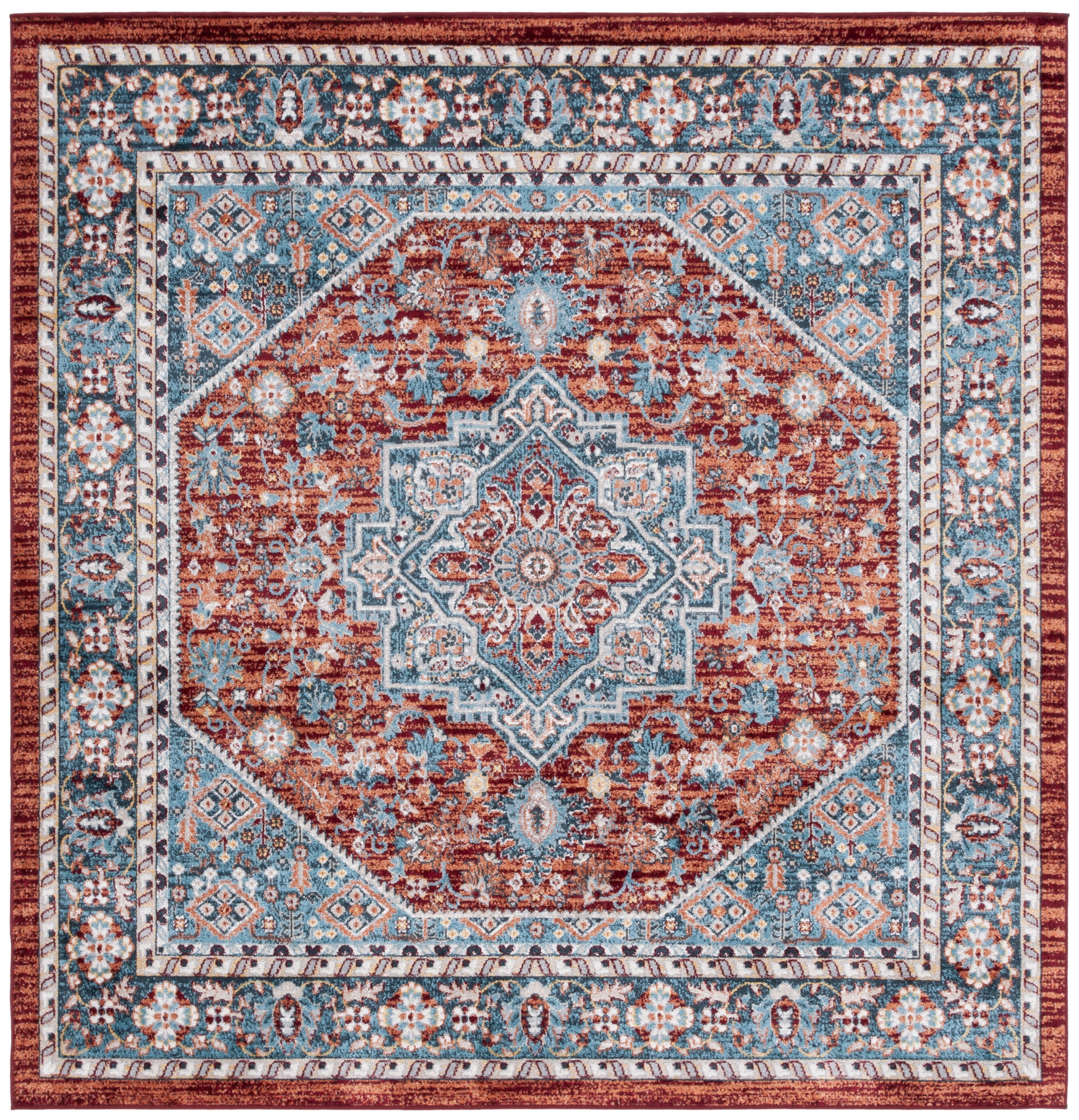 SAFAVIEH Bayside Keila Oriental Polyester Machine Washable Area Rug, Red/Blue, 6'7" x 6'7" Square