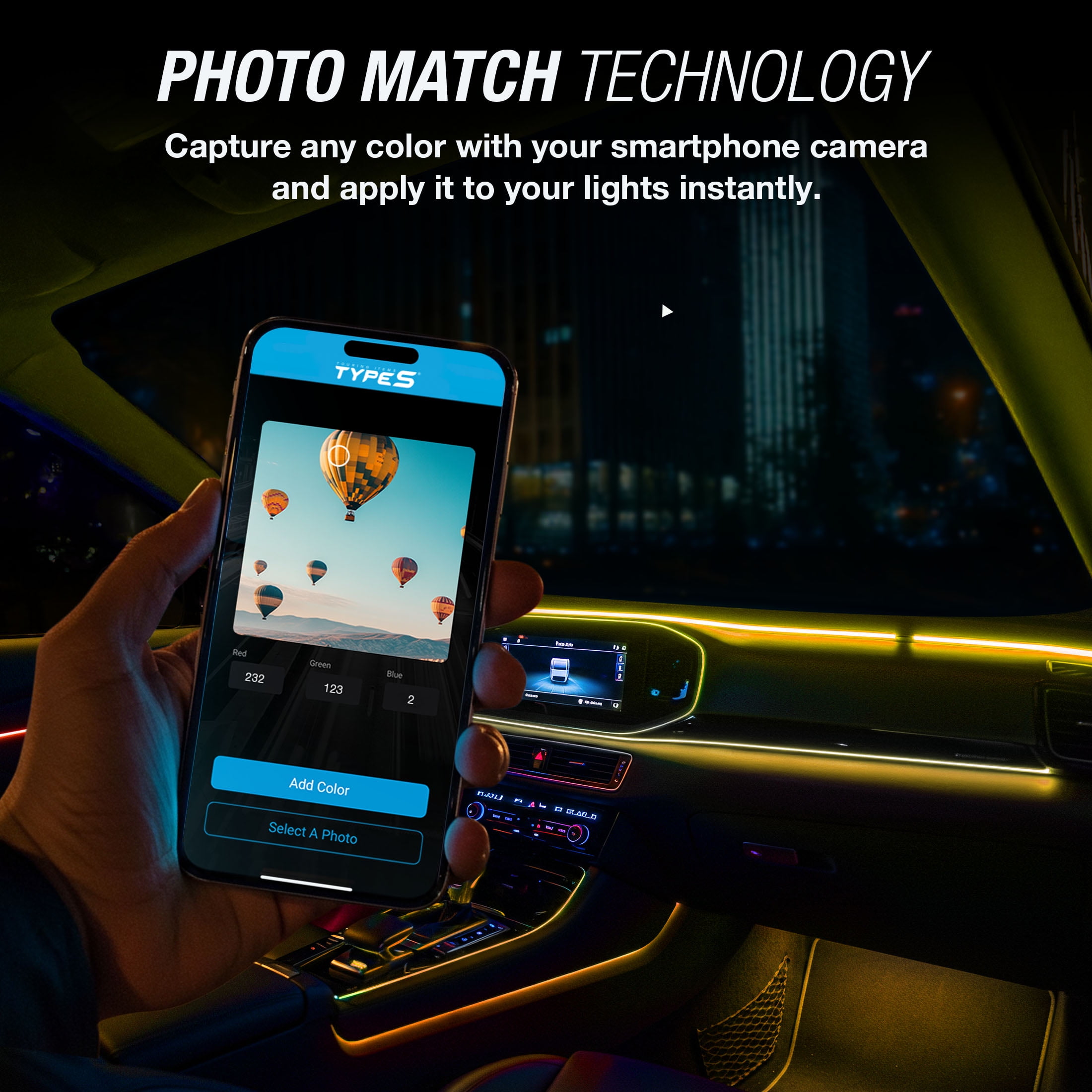 TYPE S - Infinite AppGlow Smart Interior Car LED Light Kit – 4 x 12” RGB Strips, CarPlay, Android Auto, Voice Control, Custom Presets, 12V Plug & Play