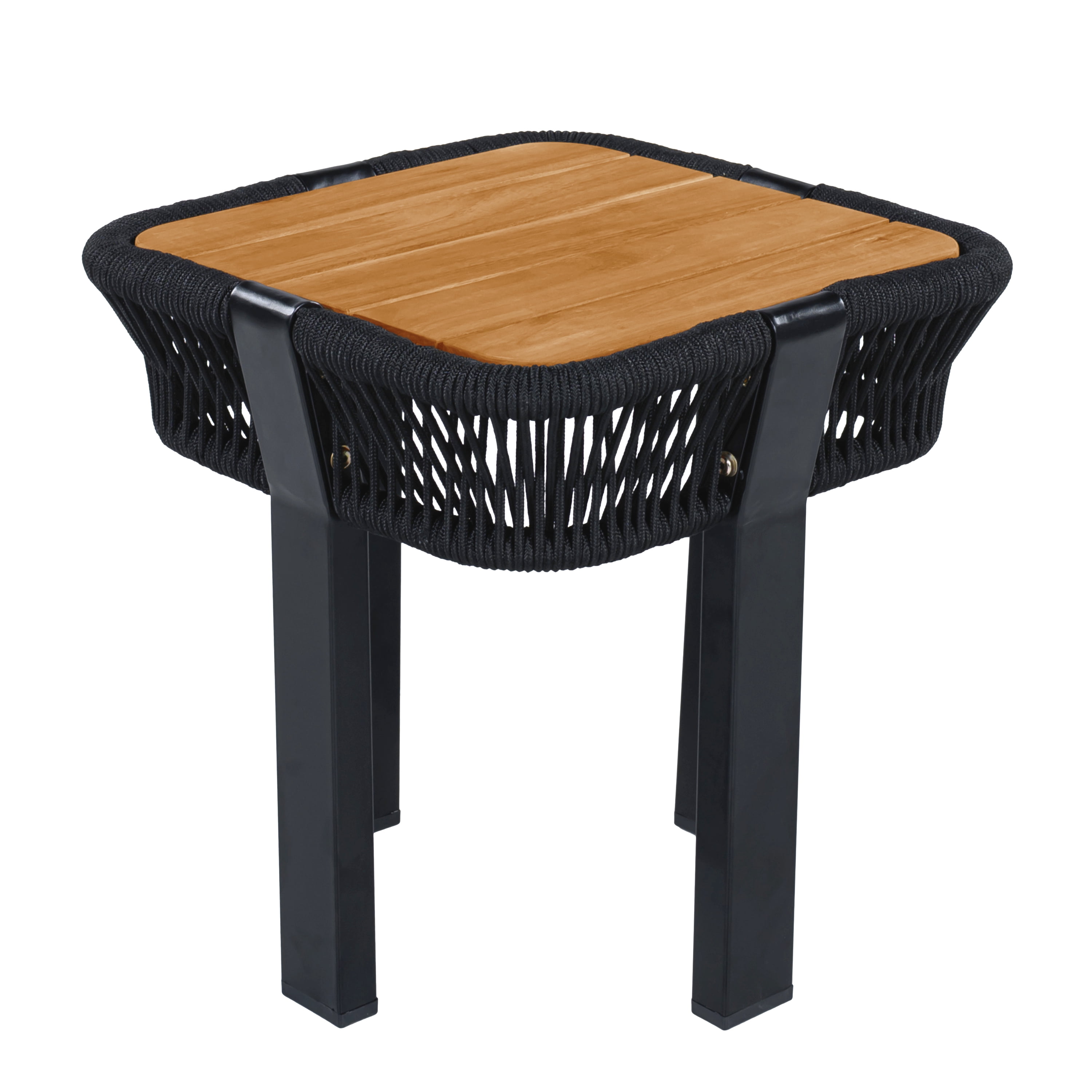 Outdoor Side Table 18.11 Inch, Acacia Wood Top with Black Rope and Metal Frame for Patio Balcony, Black and Teak