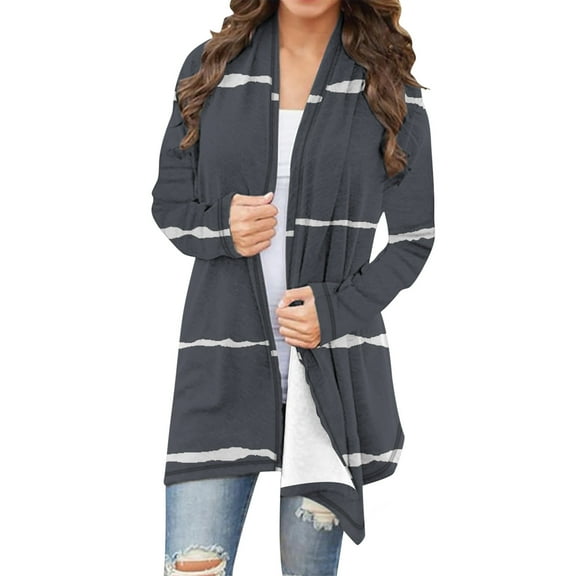 Pounoo Womens Gradient Color Long Cardigan Striped Colorblock Long Sleeve Open Front Lightweight Casual Loose Fited Outerwear Gift