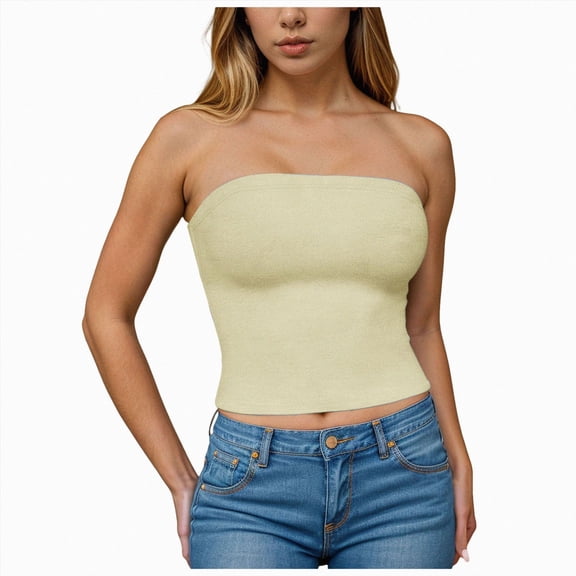 mgoYE Womens Tube Tops Strapless Crop Tops Basic Backless Sleeveless Going Out Spring Outfits Summer Clothes(Light Yellow,L)