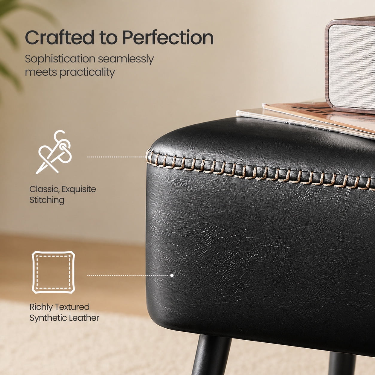 Nordic Hygge Mid-Century Modern Entryway Bench, Black
