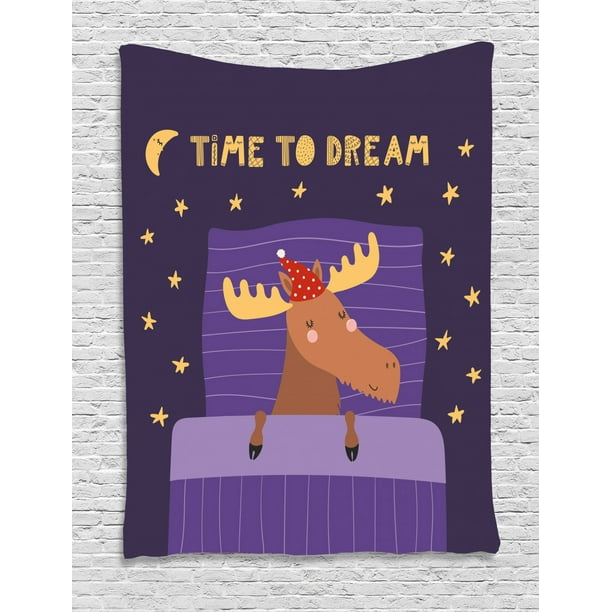 Nap Quote Tapestry, Time to Dream Typography Sleeping Moose in a Nightcap  with Pillow and Blanket, Wall Hanging for Bedroom Living Room Dorm Decor,  60"W X 80"L, Multicolor, by Ambesonne - Walmart.com -