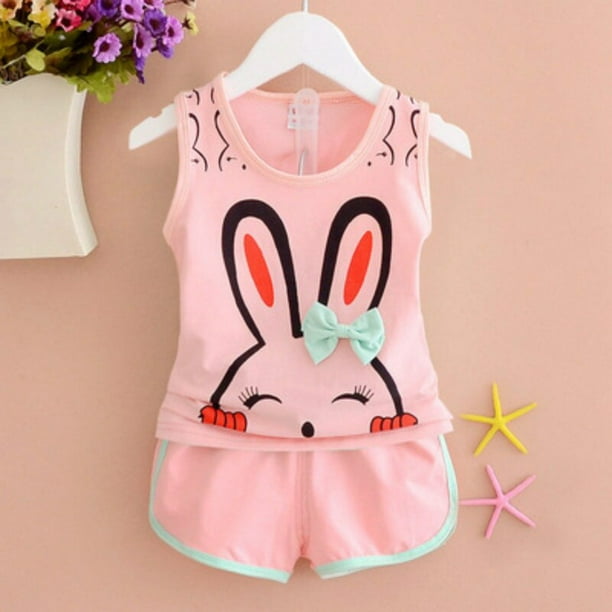 Ropa para niños, conjunto de verano para niños de 0 a 4 años, camisetas sin mangas para niñas, chaleco y pantalones cortos, ropa de 2 uds, pijamas de algodón para niños 110 (4T) Gao Jinjia LED
