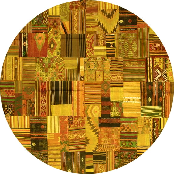 Ahgly Company Machine Washable Indoor Round Patchwork Yellow Transitional Area Rugs, 7' Round