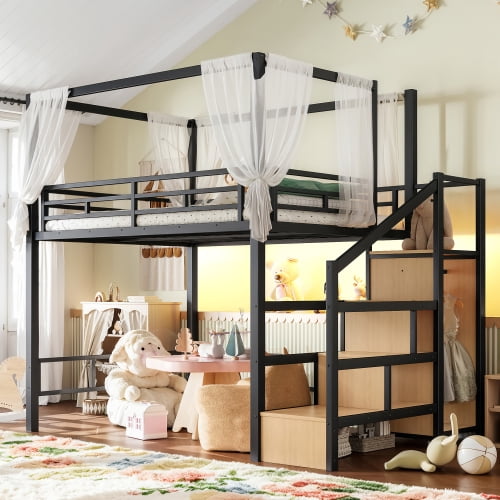 Full Size Metal Loft Bed with Storage Stairs, Built-in Wardrobe, Canopy Frame, LED Light, and Ample Underbed Space, Black
