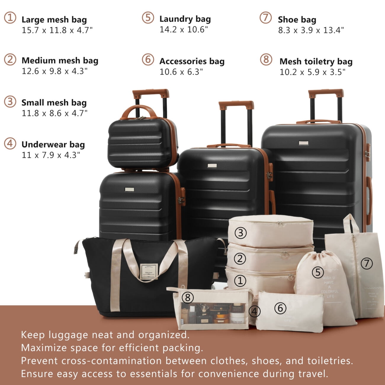 4-Piece ABS Hard Shell Luggage Set with Spinner Wheels & TSA Lock, Lightweight Suitcases for Men & Women Travel 12/20/24/28 Inch Black