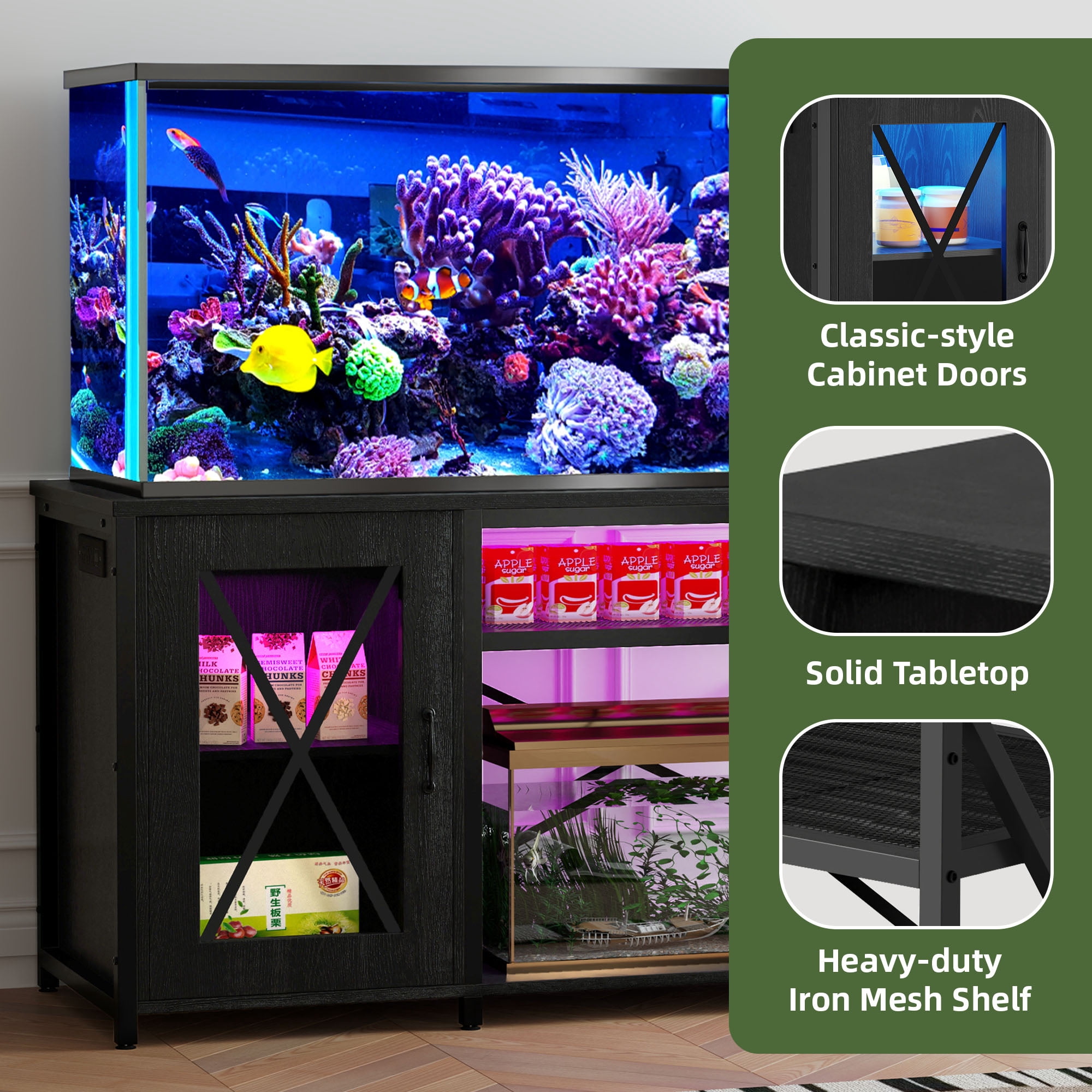 Uforic Heavy Duty Metal Aquarium Stand for 55-75 Gallon Tanks with LED Lights & Power Outlets - Black