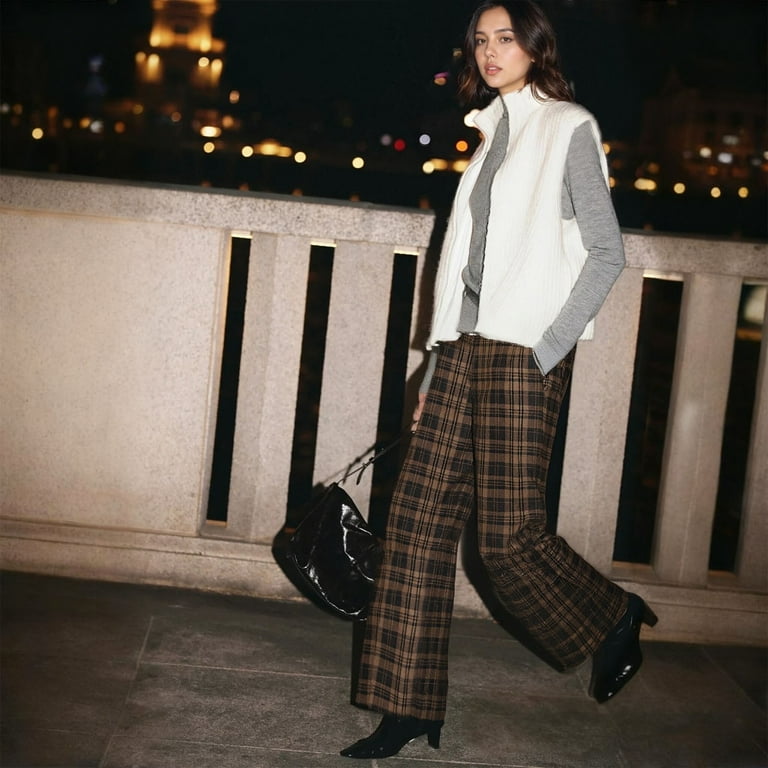 Kinrui Plaid Pants for Women Wide Leg High Waisted Tartan Work Business  Casual Dress Pants Stretchy Elastic Waist Lounge Trousers with Pocket  Coffee,M - Walmart.com