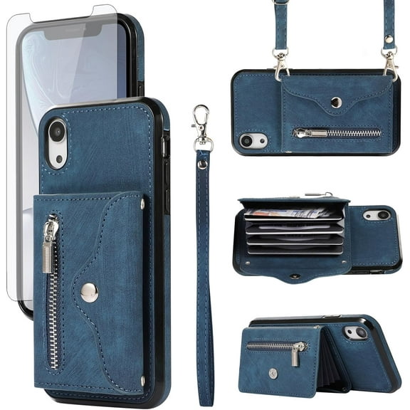 REQO Phone Case for iPhone XR 6.1 Wallet Cover with Wrist Crossbody Strap Lanyard Credit Card Holder Stand Leather Cell Accessories iPhoneXR iPhone10R i Phonex 10XR 10R RX CR iPhoneXRcases Women Blue