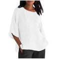 thumbnail image 2 of Women's Round Neck Batwing Sleeve Blouse, Solid Color Loose Casual Cotton Linen Top, Half Sleeve Casual Shirt for Daily Office Summer Wear 15-White M, 2 of 3