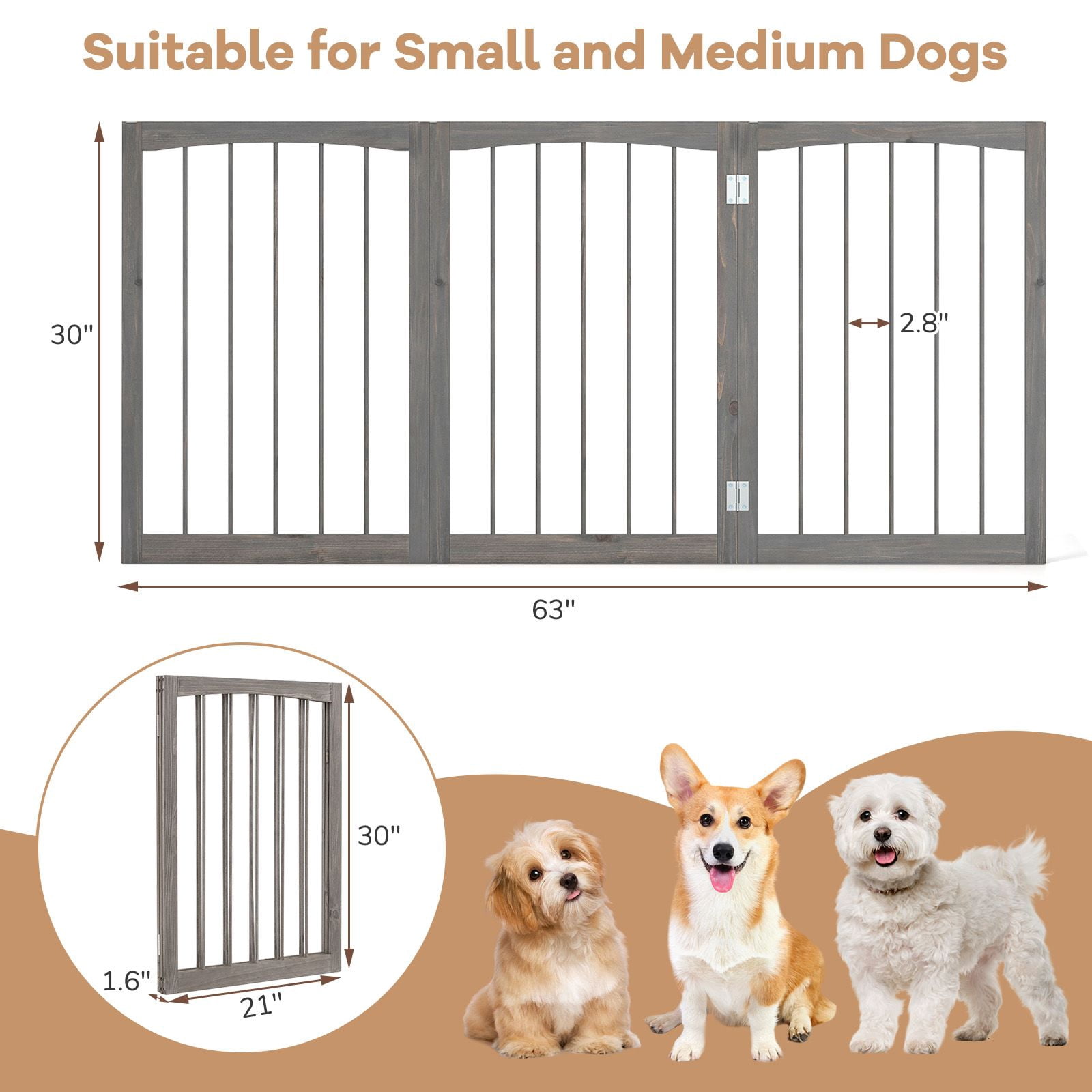 30 Inch Tall Wooden Pet Fence 3 Panel Foldable Gate for Cats Small Medium Dogs