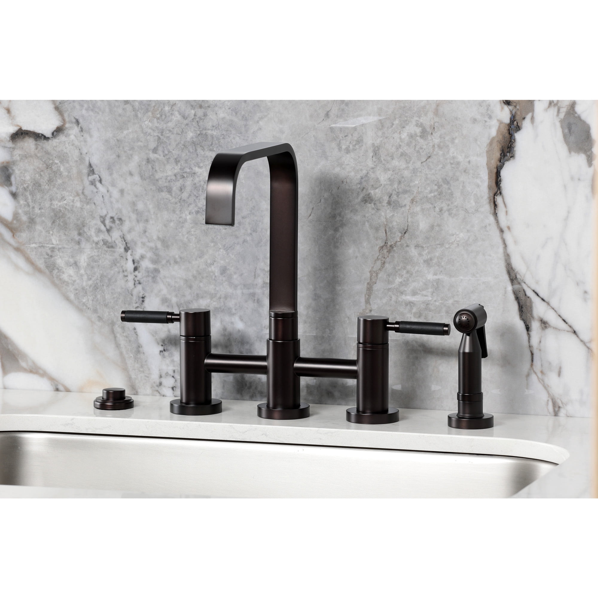 Kingston Brass KS8255DKLBS Kaiser Two-Handle 4-Hole Deck Mount Bridge Kitchen Faucet with Brass Side Sprayer in Oil Rubbed Bronze