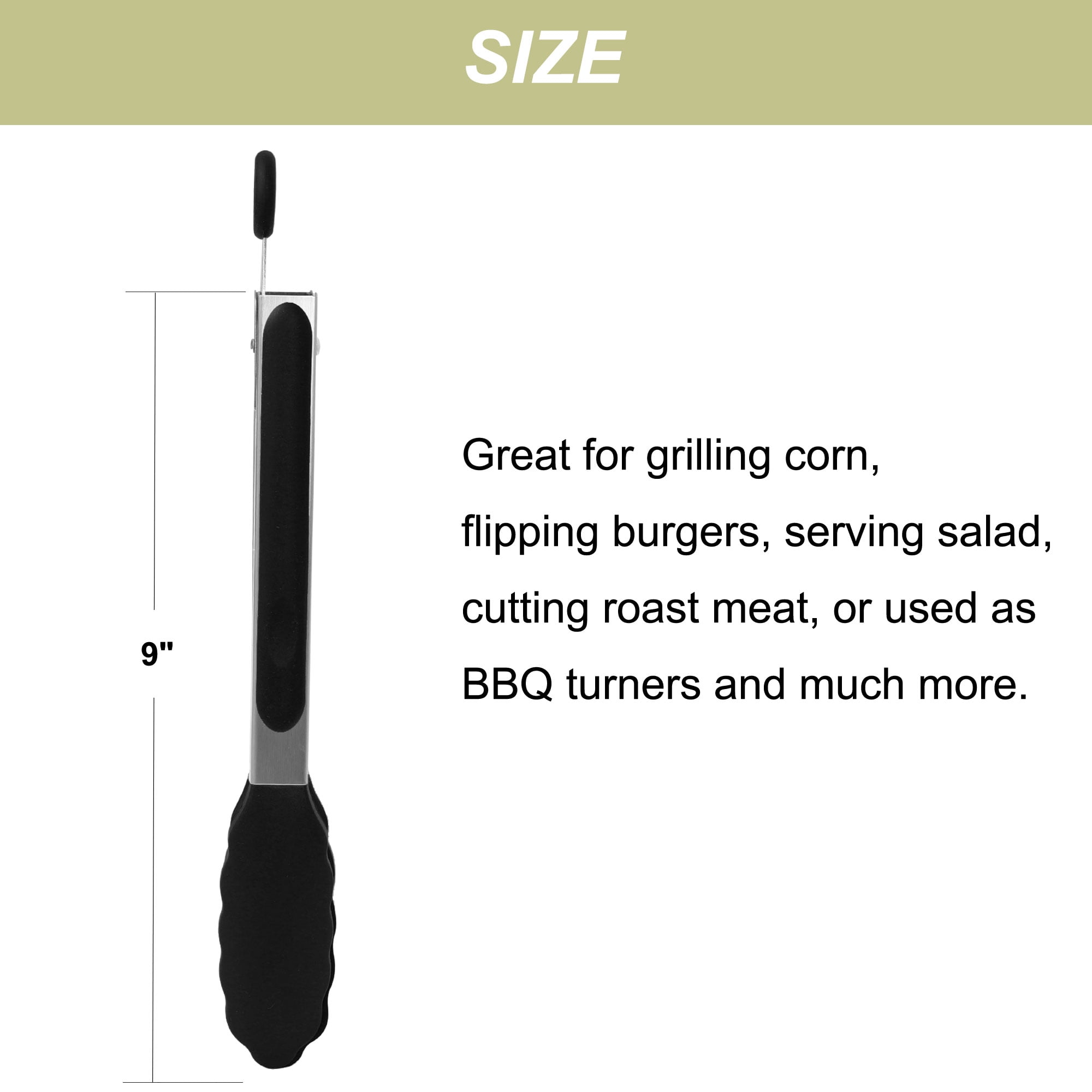 Unique Bargains Stainless Steel Kitchen Tongs Silicone Tipped Non-stick BBQ Cooking Tongs Black