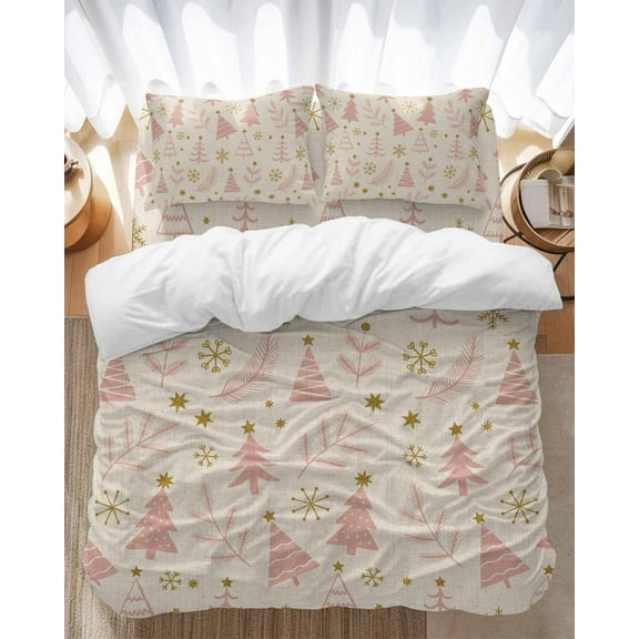 Pink Christmas Tree Bedding Duvet Cover Set Twin Size 4 Pieces Vintage Yellow Star Snowflakes Winter Bedding Set with Zipper Closure, 1 Comforter Cover 68x86 Inches 1 Flat Sheet & 2 Pillow Cases