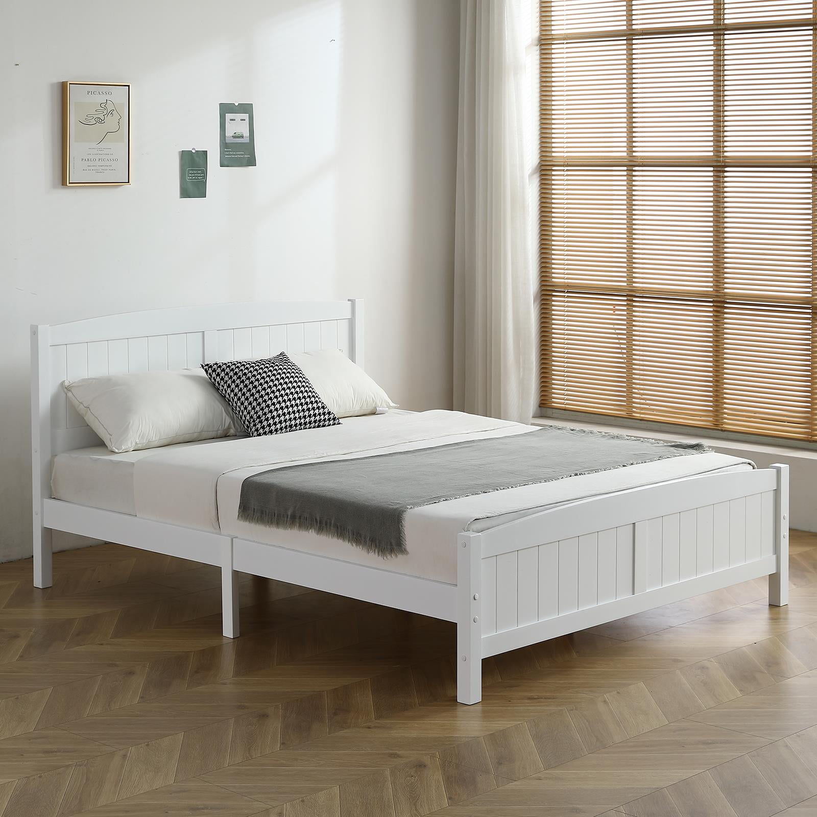 Zimtown Queen Bed Frame,Solid Pine Wood Kids Twin Platform Bed Frame, Bedroom Queen Bed with Headboard for Adults, White Zimtown Queen Bed Frame,Solid Pine Wood Kids Twin Platform Bed Frame, Bedroom Queen Bed with Headboard for Adults, White
