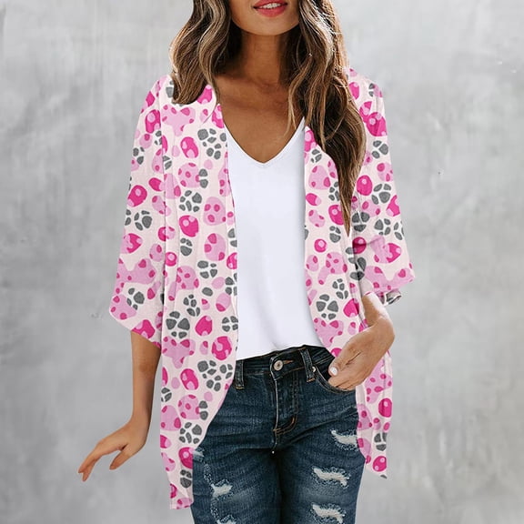 Craaazy Women Casual 3/4 Sleeve Cardigan, Printed Open Front Tops, Loose Fit Sunscreen Blouse for Daily Wear Gifts