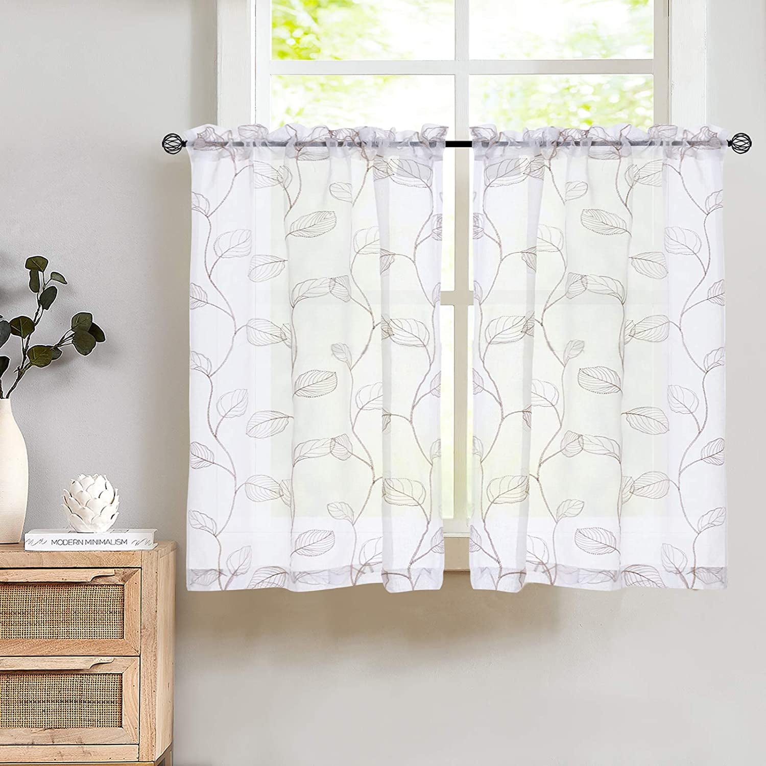 Curtainking Kitchen Curtains 24 inch Leaf Embroidered Tiers Kitchen