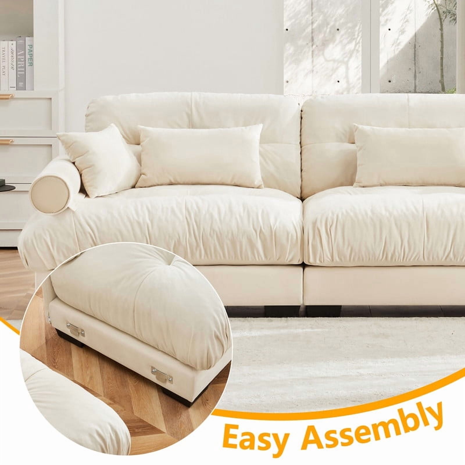 130" Modular Sectional Sofa with 2 Ottomans, 3-Seater Velvet Couch , Convertible U-Shaped Sofa, Deep Seat Cloud Couch with Pillows, Modern Sofa for Living Room, Apartment, Beige