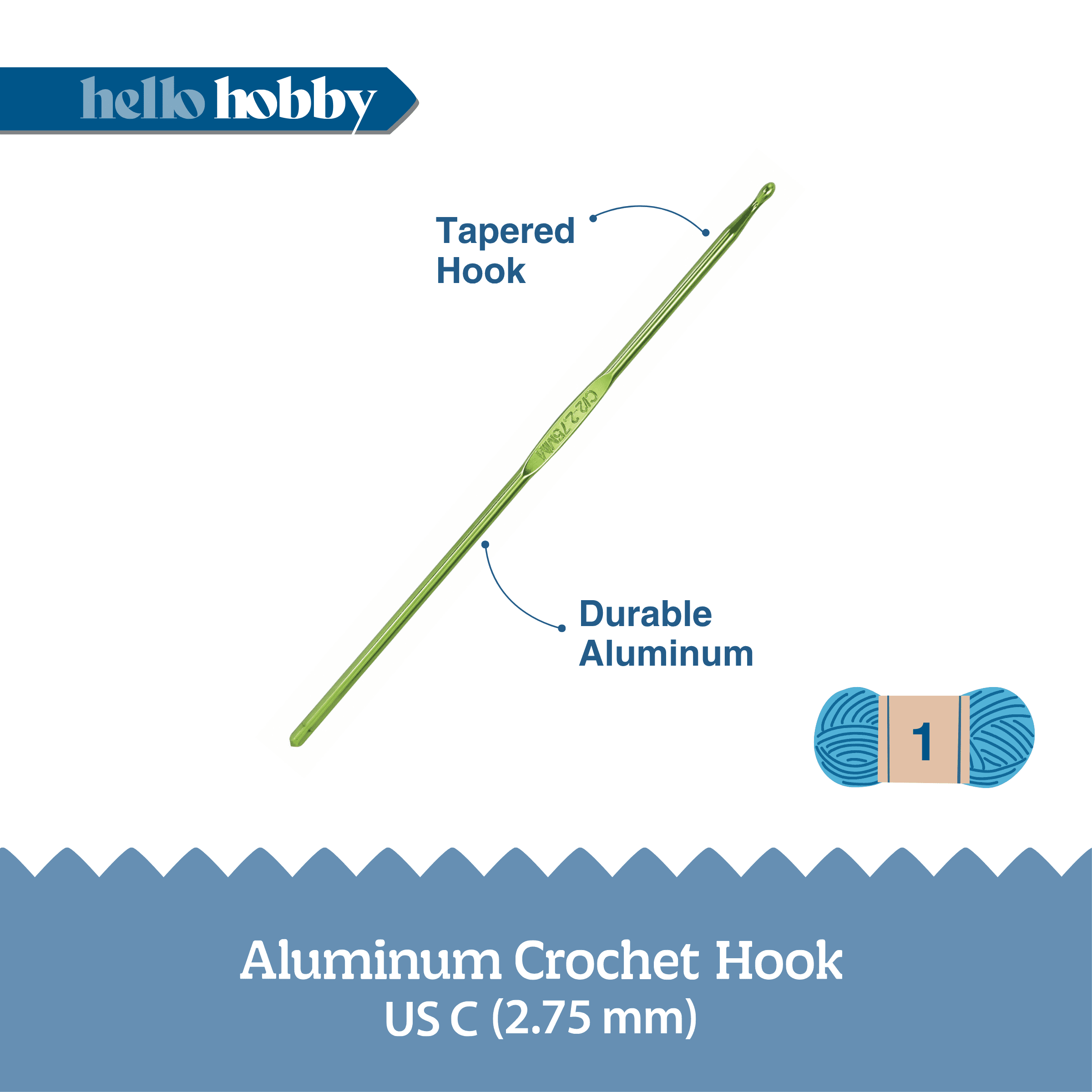 Hello Hobby Aluminum Crochet Hook, Size C, 2.75 mm