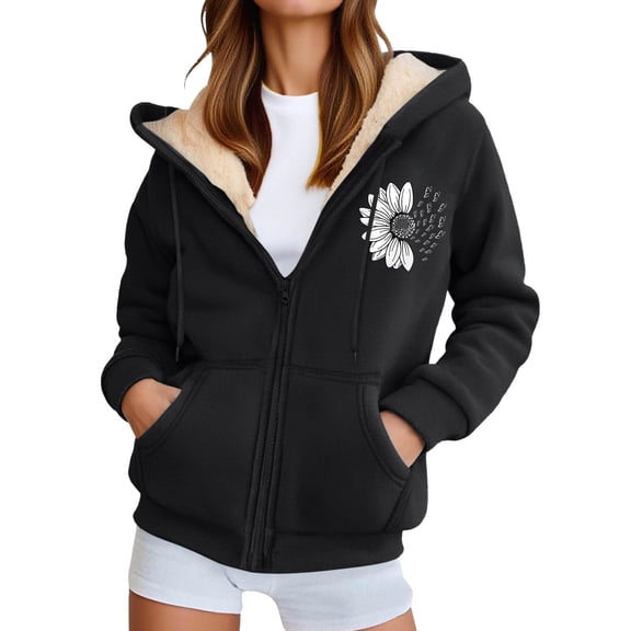 Womens Zip Up Hoodies Winter Sherpa Lined Sunflower Print Thermal Warm Sweatshirts with Pockets Casual Drawstring 2026 Comfy Coat