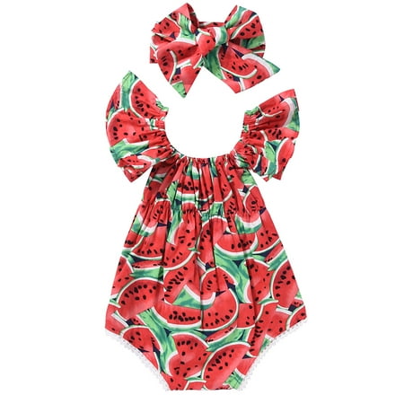 

Calsunbaby Toddler Baby Girl Watermelon Print Romper Ruffles Summer Sleeveless Jumpsuit Clothes with Headband Red 2-3 Years