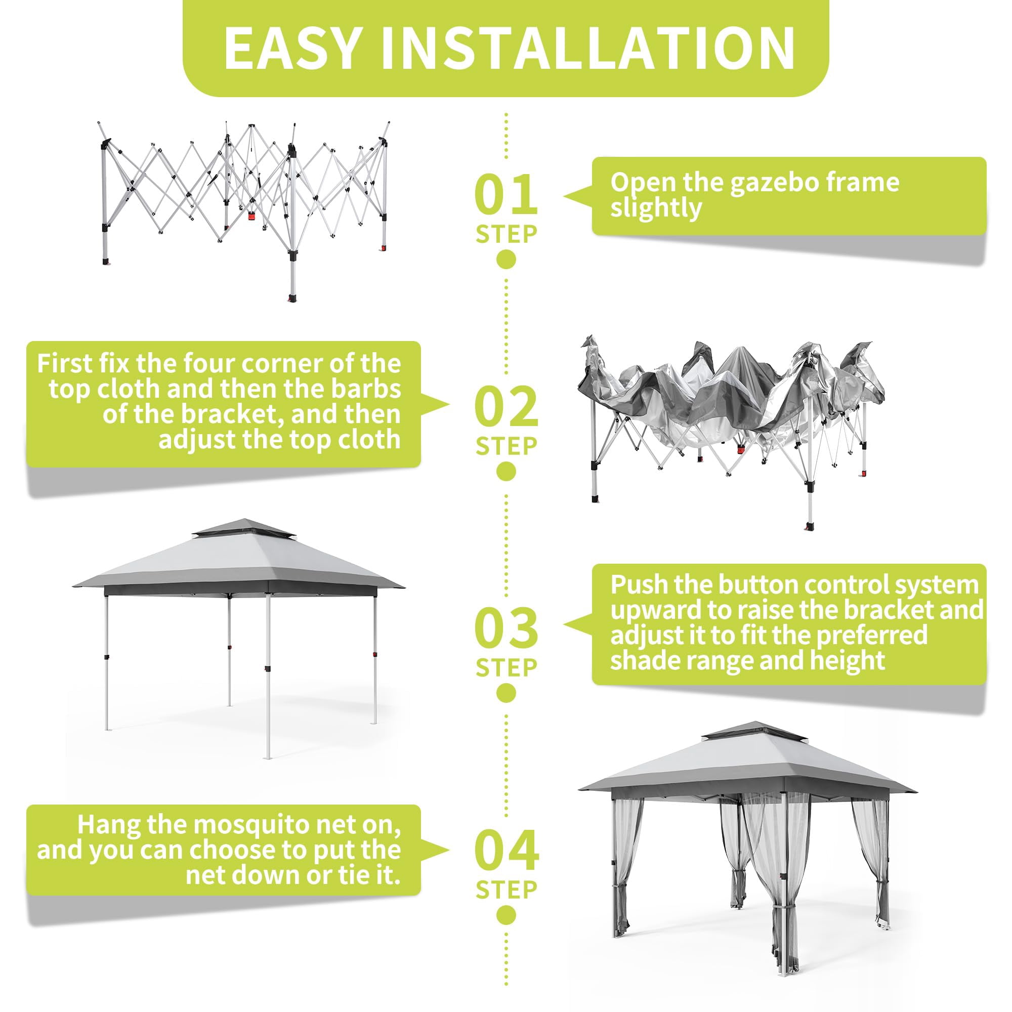 Kojooin 10x10 Pop Up Gazebo, Outdoor Canopy Tent with Mosquito Netting, Pop Up Canopy Tent with Curtains/Adjustable Height/Wheeled Carrying Bag for Patio Garden Backyard Lawn