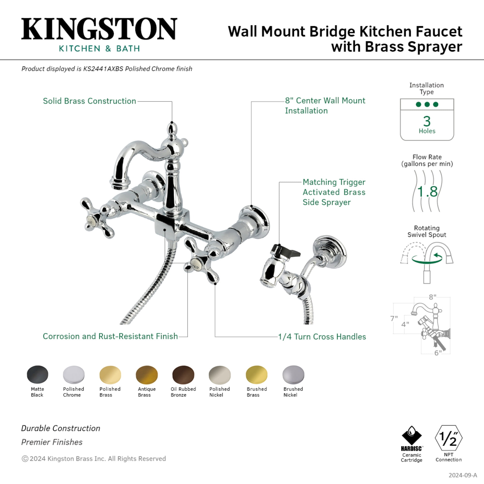 Kingston Brass KS2442AXBS Heritage Double-Handle Wall-Mount Bridge Kitchen Faucet with Brass Sprayer, Polished Brass
