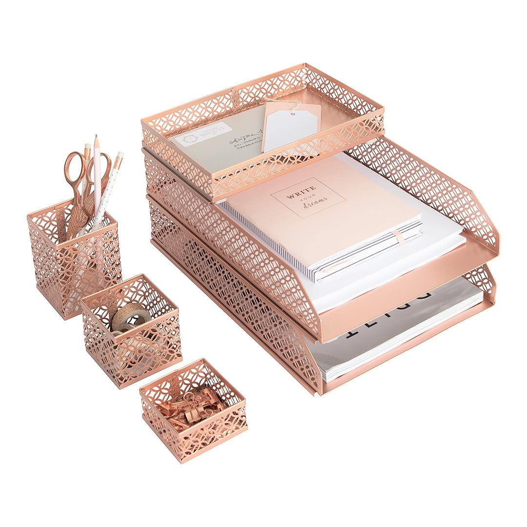 Rose Gold Desk Accessories for Women. 10-Piece Stationery