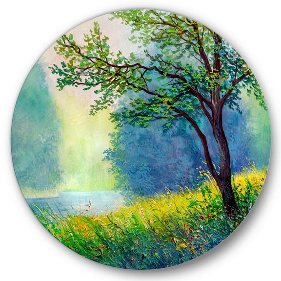 Designart 'Summer Forest With Waterfall and River ' Traditional Circle Metal Wall Art 36x36 - Disc of 36