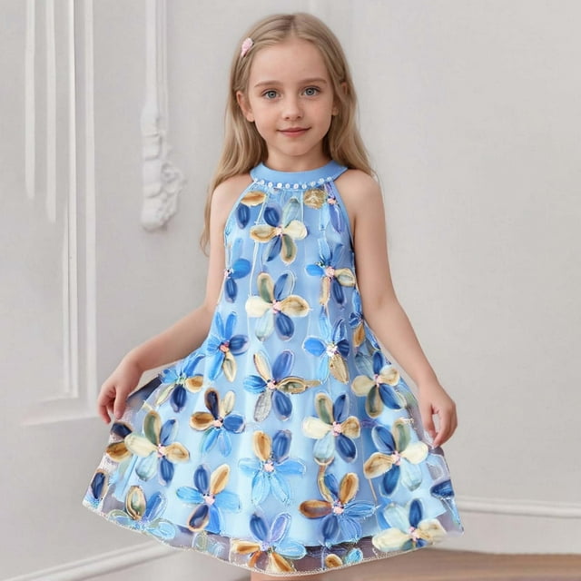 Robe Fille Enfants Tout-Petits Filles Été Sans Manches Col Rond Maille Élastique Robe Décontractée avec Broderie Fleur 3D Robe Bébé Bleu 4 Ans-5 Ans