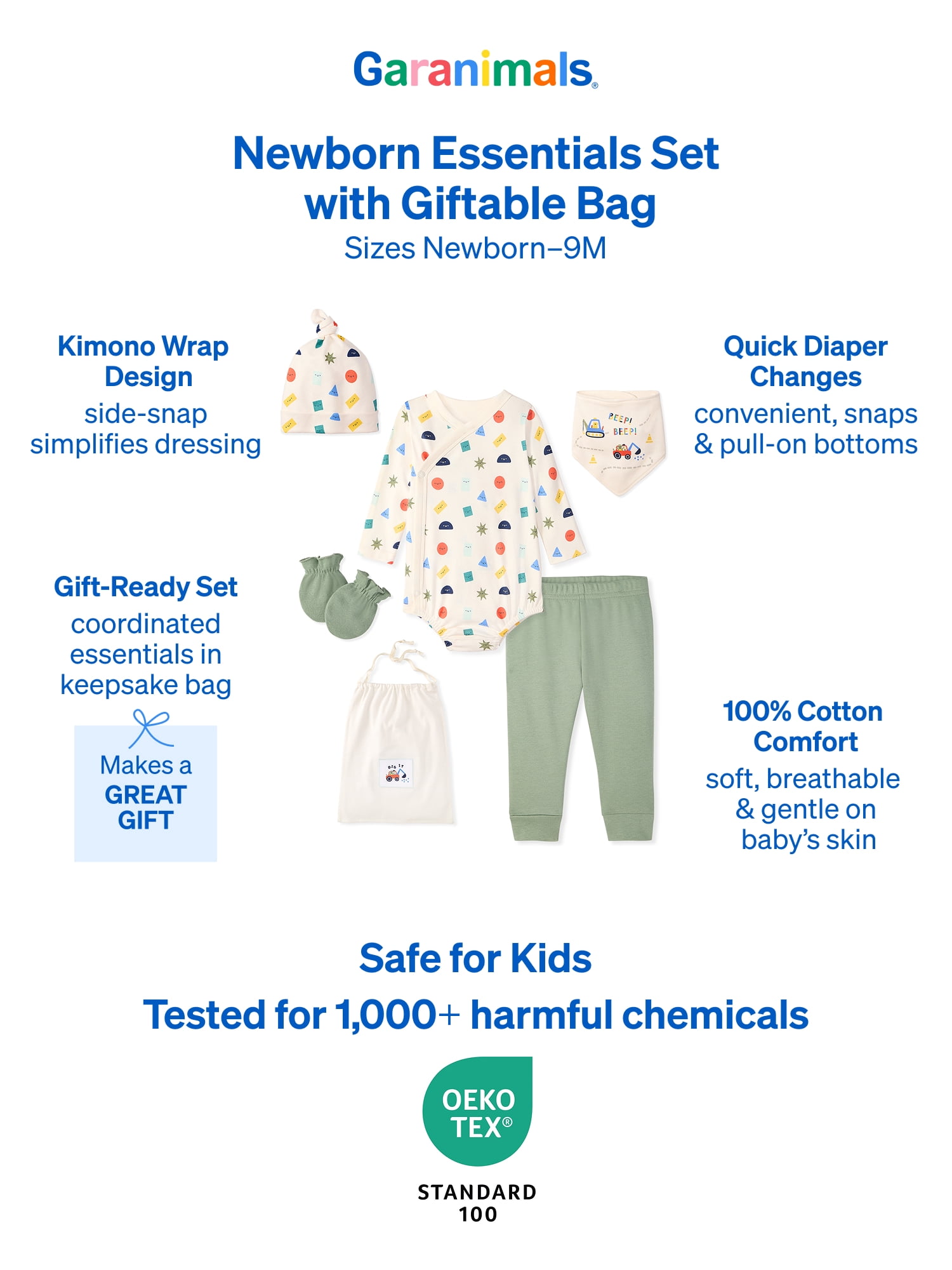 Garanimals Newborn & Baby 100% Cotton Newborn Essentials Set, Sizes Newborn–9M, 5-Piece