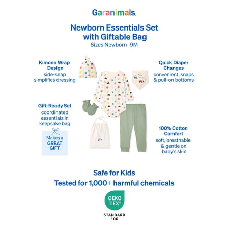 Garanimals Newborn & Baby 100% Cotton Newborn Essentials Set, Sizes Newborn–9M, 5-Piece