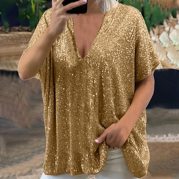 CHUOU Women Plus Size Sparkly Sequin Blingbling V Neck Short Sleeve Loose Top Tee Shirt