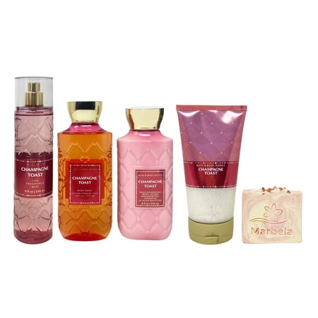 Bath & Body Works Champagne Toast Fine Fragrance Mist, Body Wash, Body Lotion And Exfoliating Glow Body Scrub with a Himalayan Salts Springs Bar Soap