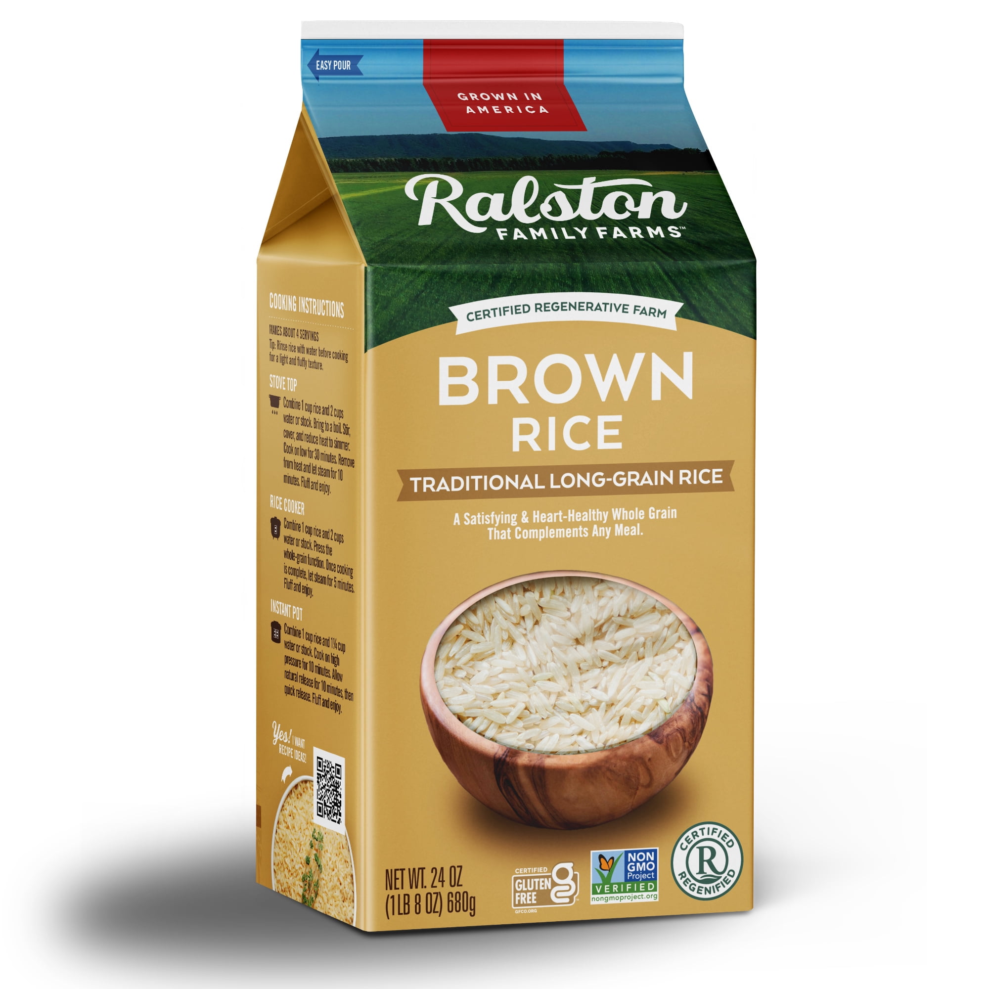 Ralston Family Farms Traditional Brown Rice, 24 oz Carton: 6 Pack, American Grown, Non-GMO, Naturally Gluten Free