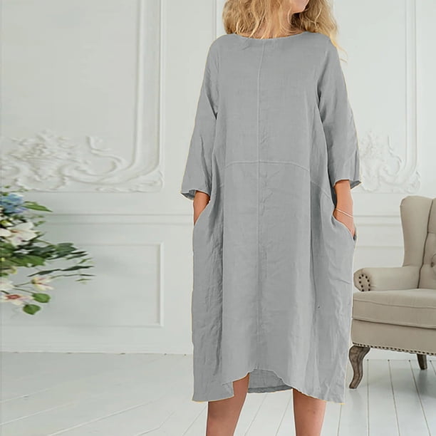Puntoco Vestido De Manga Tres Cuartos Con Bolsillo Informal De Algodón Y Lino De Color Sólido Con Cuello Redondo Para Primavera Y Verano Para Mujer Gris Xxl,Regalos Para Mujer Joven