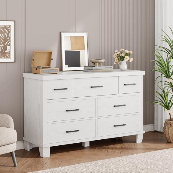 IDEALHOUSE Dressers 7 Drawer Chest, Wide Dresser Organizer Wood Storage Cabinet with Metal Handles for Bedroom, Living Room, Entryway, White