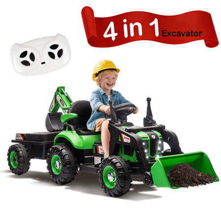 Xuanlur 24V Ride on Excavator with 4-in-1 Construction Attachments (Excavator, Dump Truck & Bulldozer), Ride on Tractor w/Remote Control, Swivel Seat, Kids Electric Vehicles for Kids 3+ (Green)