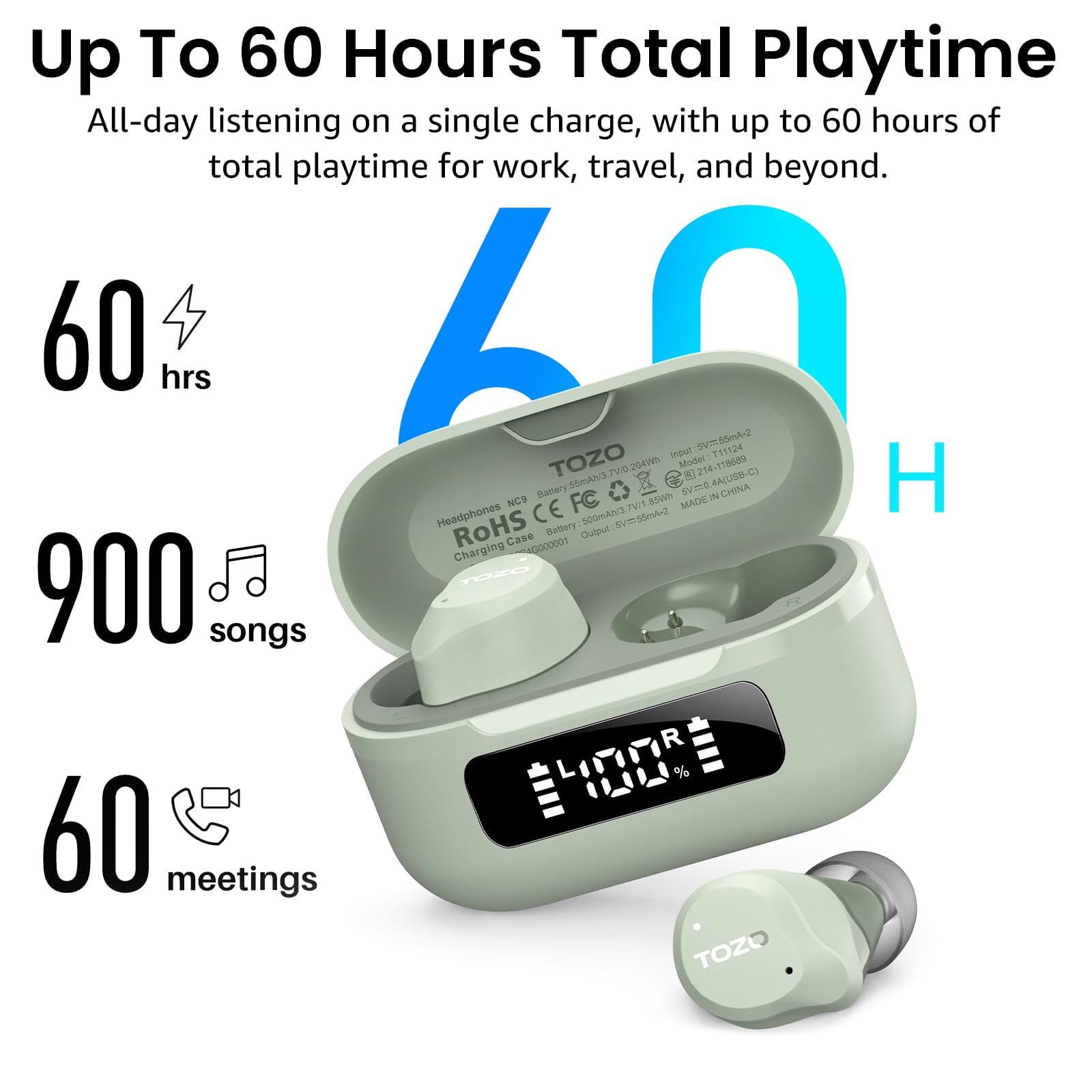 TOZO NC9 Hybrid Active Noise Cancelling Wireless Earbuds, 6 Mics ENC Clear Call, 60H Play, IPX8 Waterproof, Stereo Bass, APP-32EQ, LED Display, Light Green