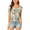 thumbnail image 1 of Blusas florales de mujer con mangas cortas abullonadas INSPIRE CHIC, cuello cuadrado, ribete y botones en la parte delantera, blanca, XS, 1 of 6